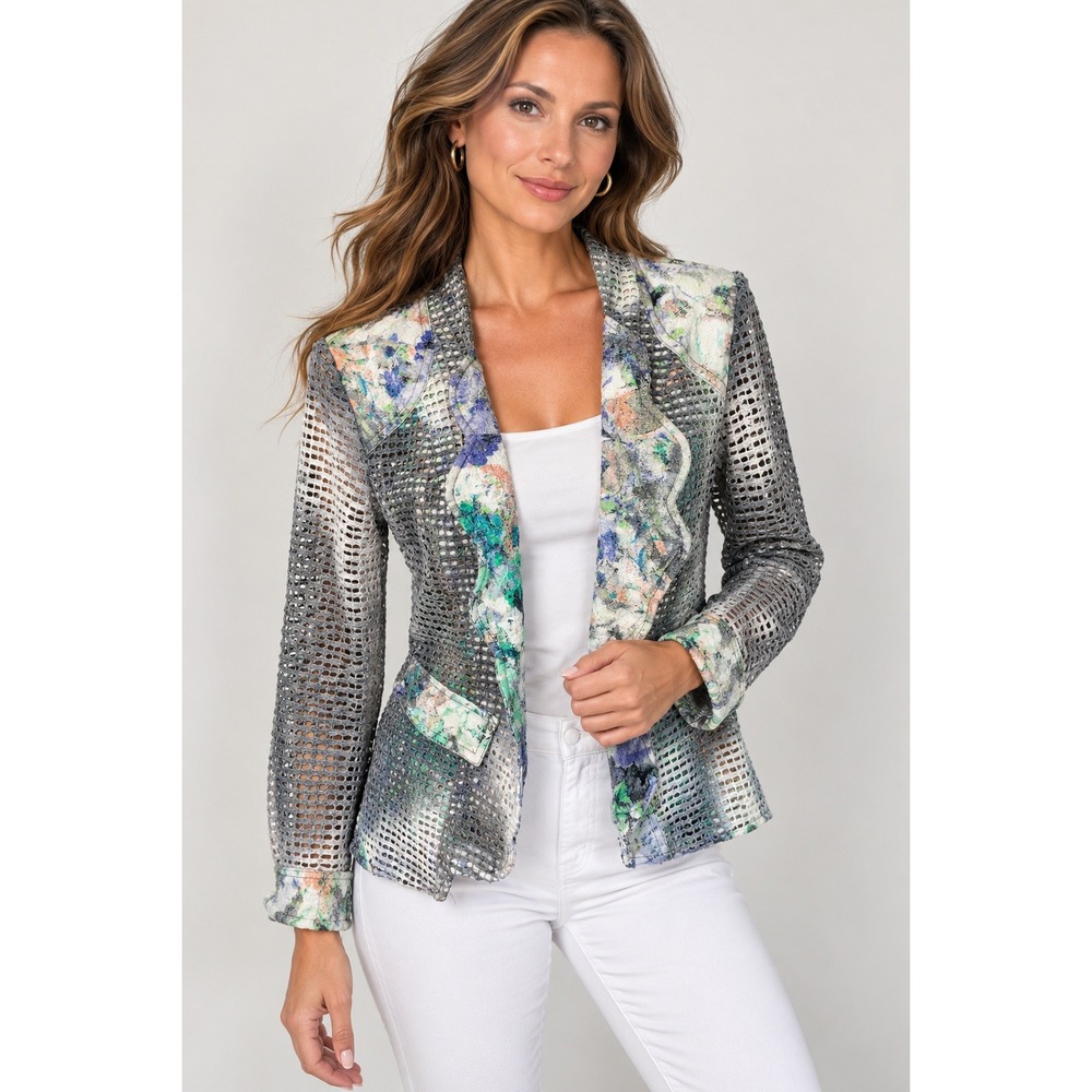 Alberto Makali Mesh Jacket Women Medium Art To Wear Floral Ruffle Grey Blazer